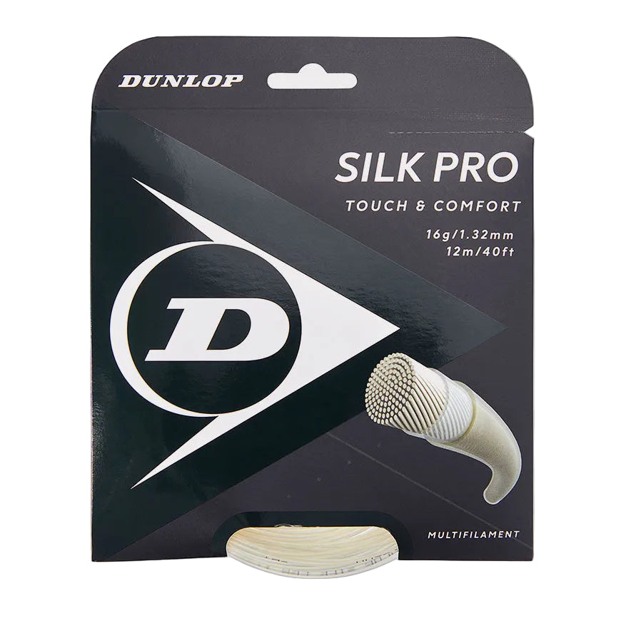Packaging of Dunlop Silk Pro tennis racket string with a close-up image of the multifilament string and the brand's logo.