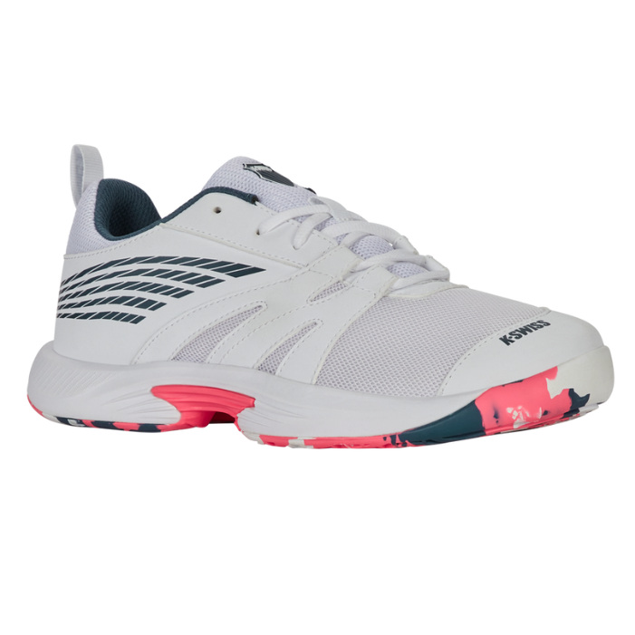 Tennis shoe for juniors white with pink and black accents on a white background